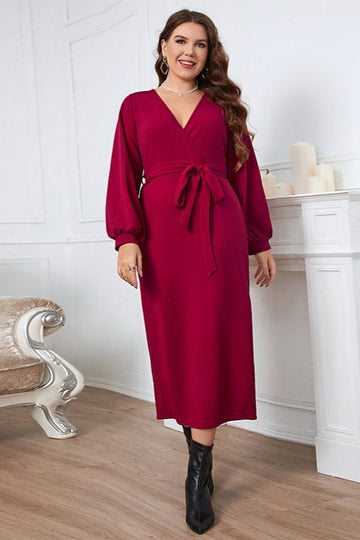 Woochic robe grande taille col en V taille haute manches longues rouge vineux 1XL